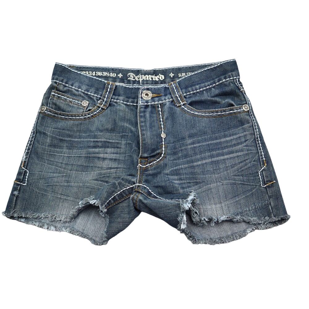 Departed Shorts Women 30 Blue Mid Rise Flat Front Button Zip Cut Off Denim Jorts